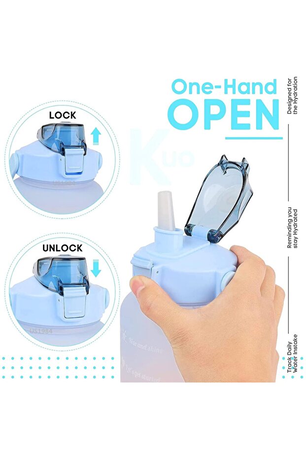 Extra large water bottle with straw, lid lock system, 2000 ml, time marker with messages - 6