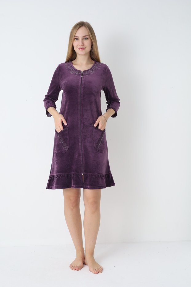 Women's Cotton Velvet Zippered Winter Dress / Purple 3719