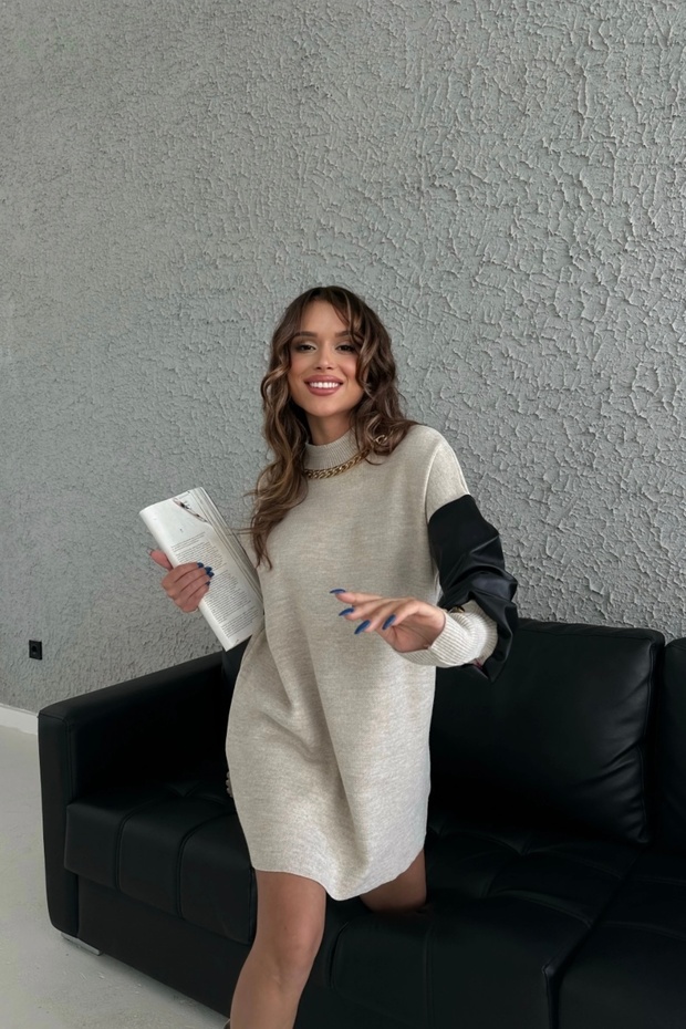 Oversized Leather Sleeve Detail Cuff Detail Knitwear Sweater Av2022111
