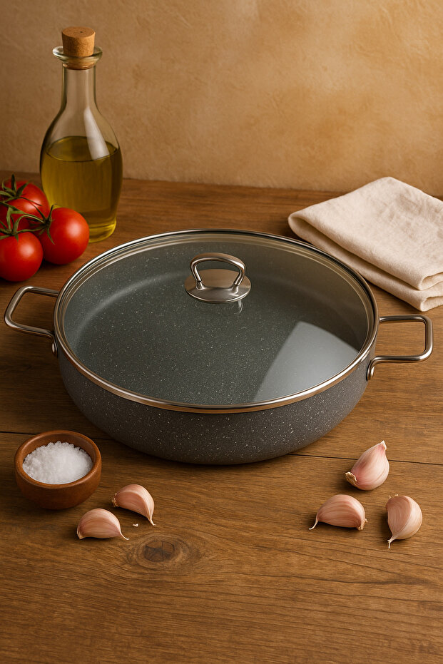 Mega Boy Granite 38 cm Flat Pot | Non-Stick Fireproof Large Stew Pot with Wide Base