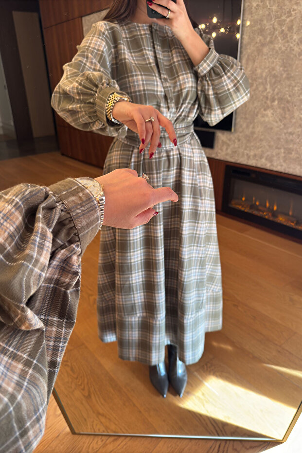 Ekose Gömlek Elbise- HAKİ - 3