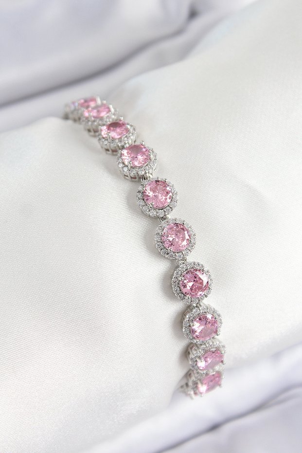 Brass Pink Zircon Stone Circle Baguette Model Silver Color Vip Series Women's Bracelet