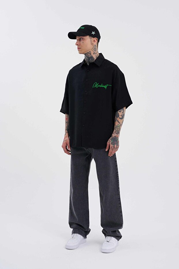 Erkek Nakışlı Basic Oversize Gömlek Siyah - 4