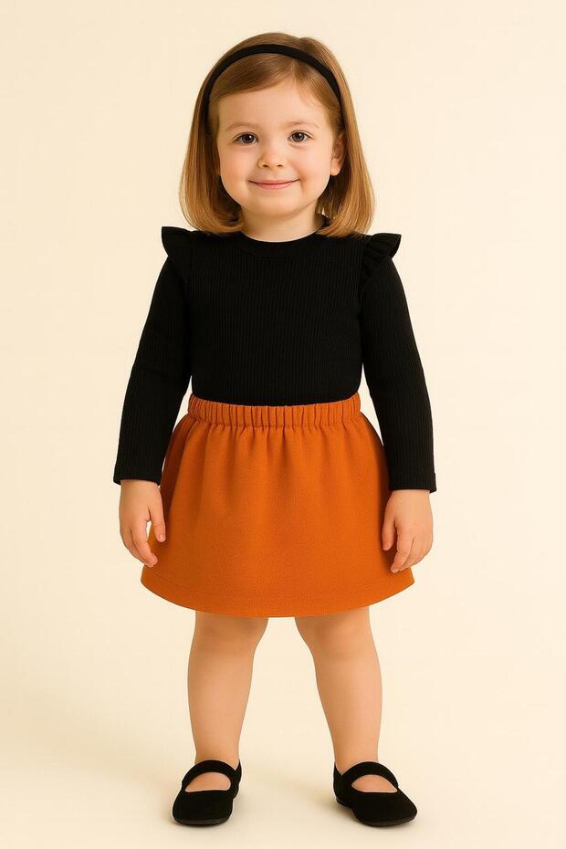 Baby Orange Hawkskin Skirt and Black Bluse Set