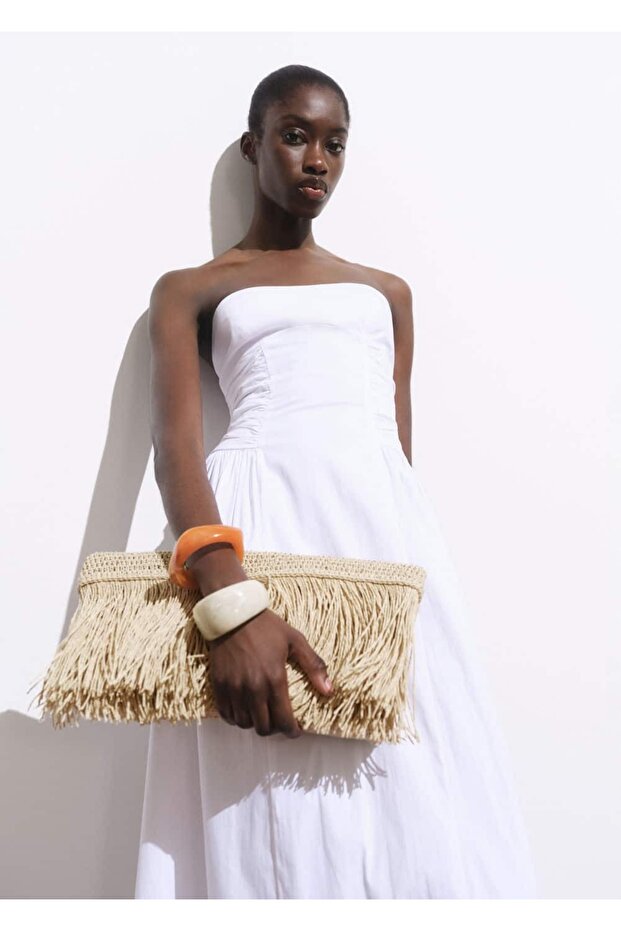 Püsküllü doğal elyaf el çantası - 2