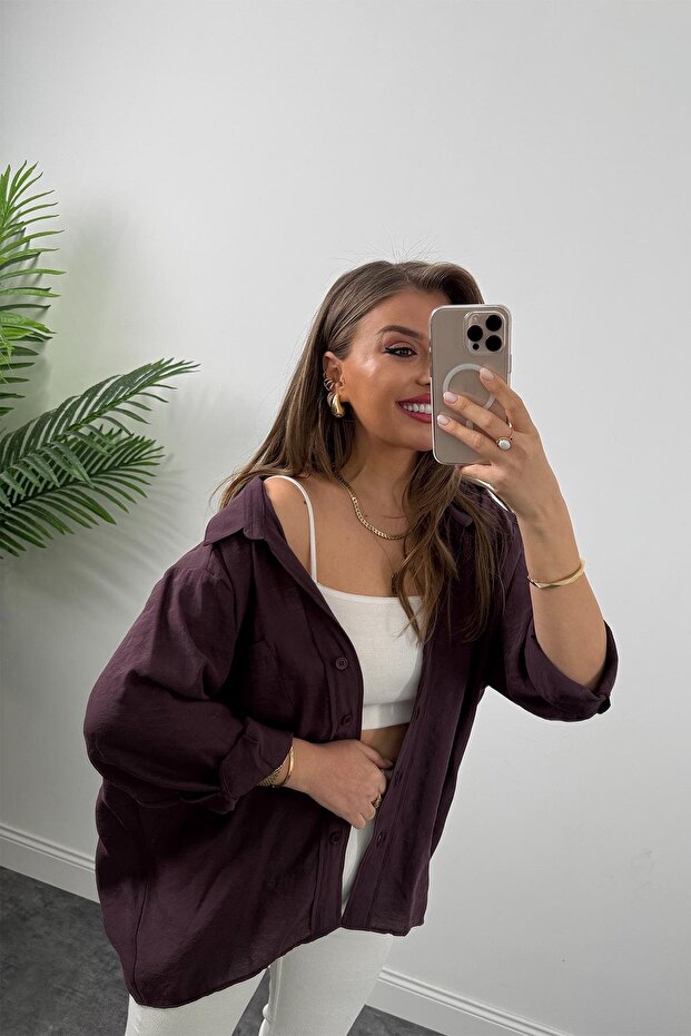 Düşük Omuzlu Kumaş Oversize Gömlek - 5