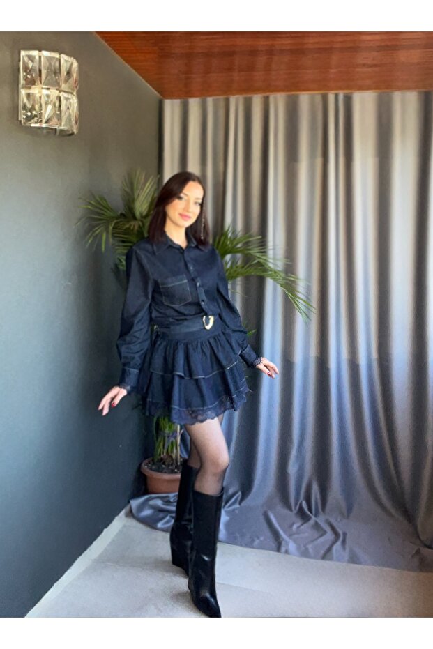 Navy Denim Dress with Lace Detail