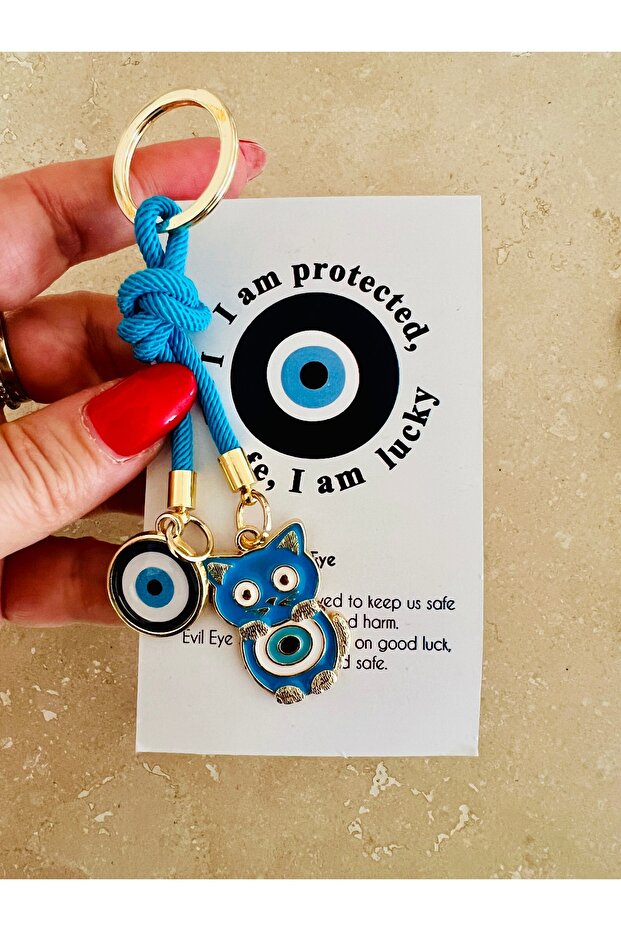 Evil Eye Beaded Keychain with Cat - Blue