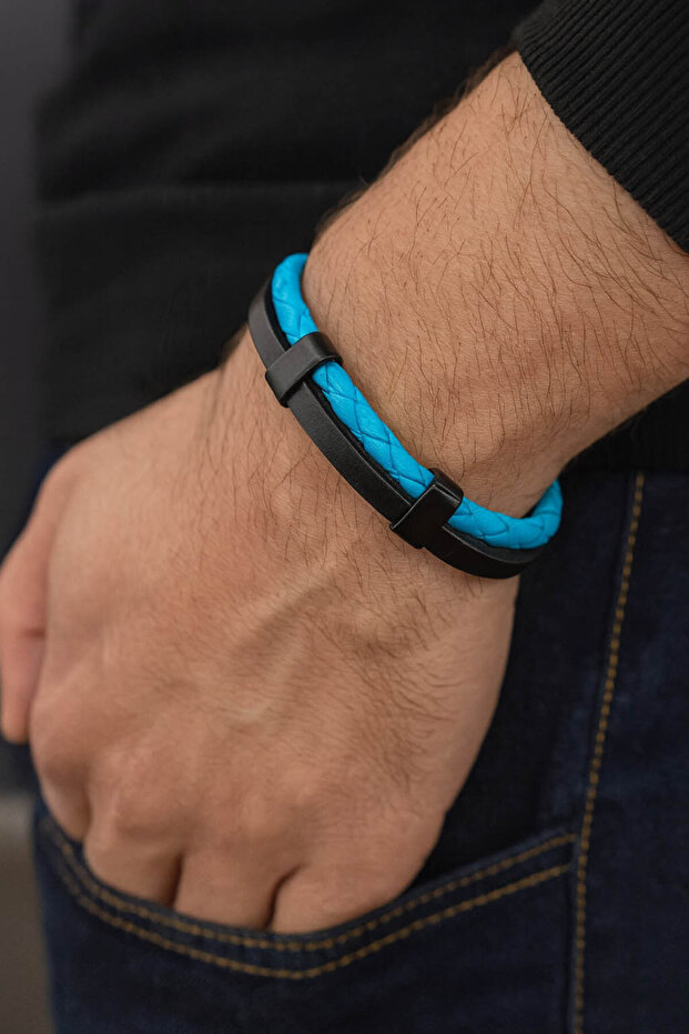 Men's Turquoise Braided Leather Bracelet – Modern Model with Black Steel Accessories