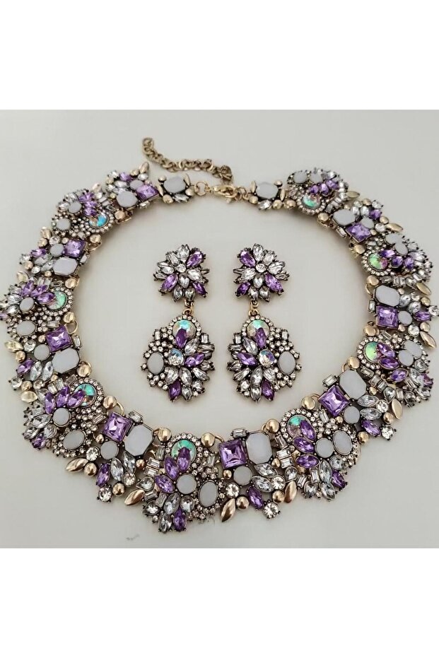 Big Collar Multi-Color Necklace Choker Earrings Set Wedding Party Invitation Graduation