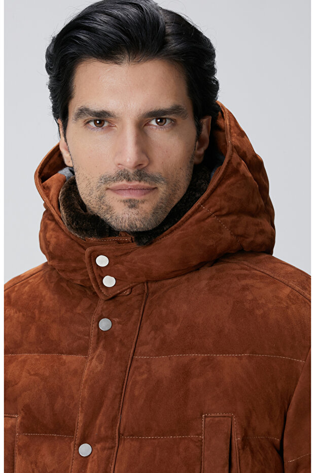 Tarçın Kapüşonlu Deri Kaban - 7