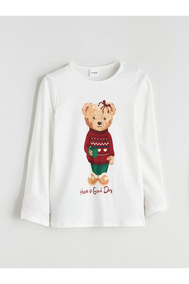 Peak New Season Crew Neck Bear Teddy Printed Girls' Pajama Top