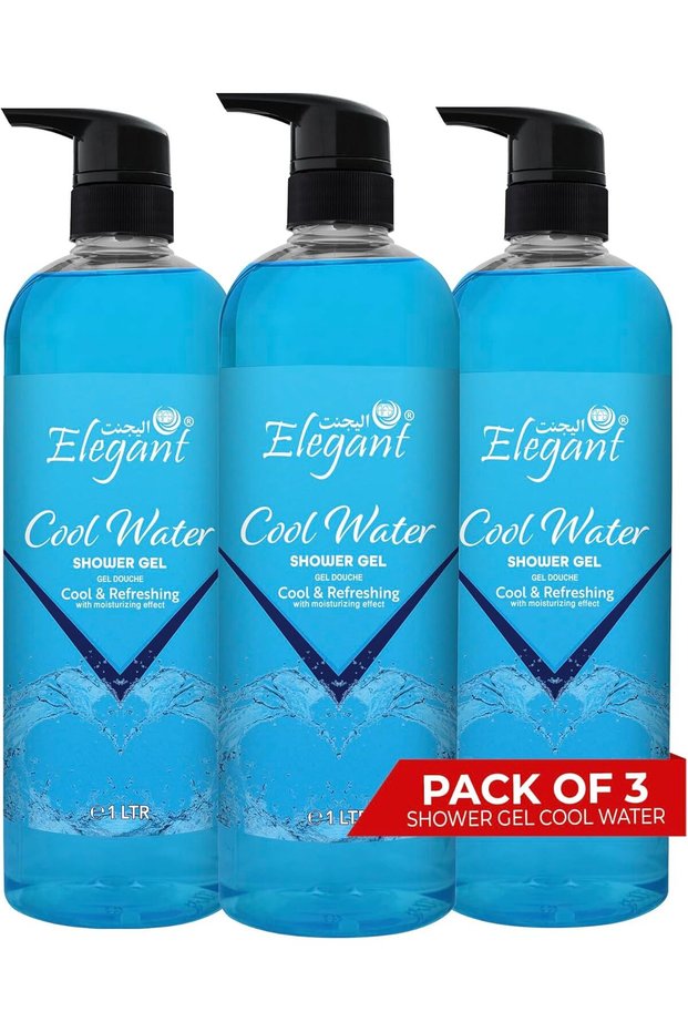 Elegant Shower Gel | Cool Water | 1 Liter | 3-PACK (Pack of 3x1 Liter) | Rejuvenating Body Wash