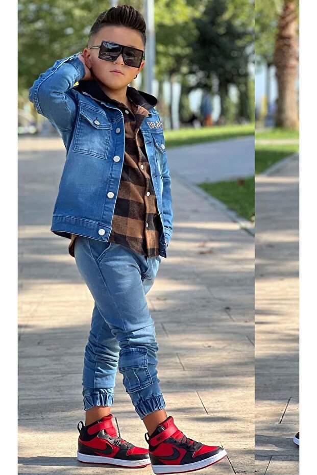 Boy's Plaid Hooded Brown Lumberjack Shirt with Tiger Pattern on the Back Jacket Jeans Bottom Top Set