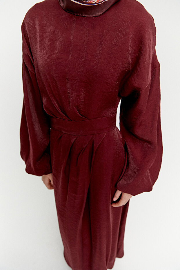 Drape Detaylı Jakarlı Elbise - 5