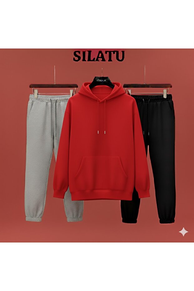 طقم مكون من 3 قطع: هودي رمادي وبنطلون أسود