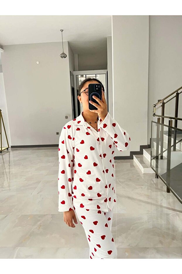 Lovera Cotton Heart Patterned Front Buttoned Pajama Set - 5
