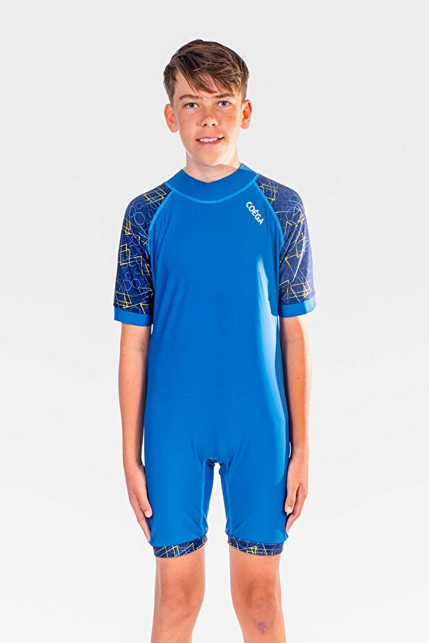 Boys Youth One Piece Swimsuit - Navy Geometric