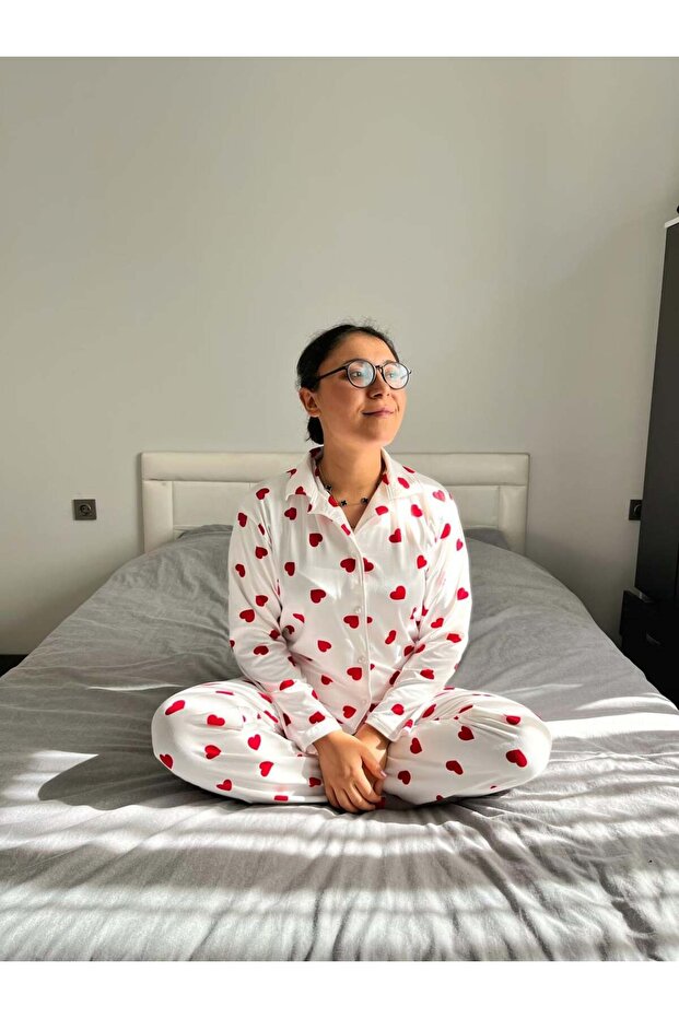 Lovera Cotton Heart Patterned Front Buttoned Pajama Set - 1