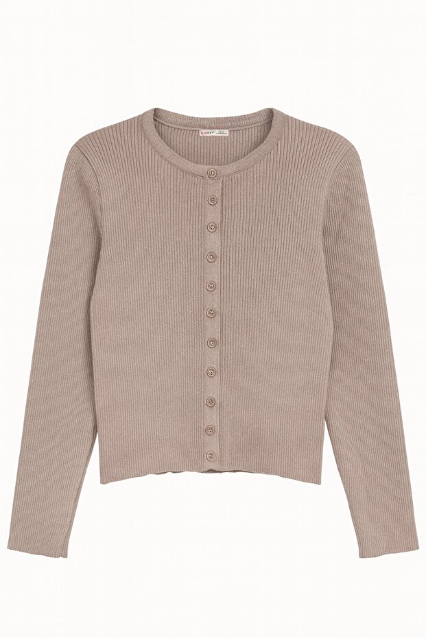 6931 Women's Buttoned Corded Fabric Knitwear Cardigan Mink