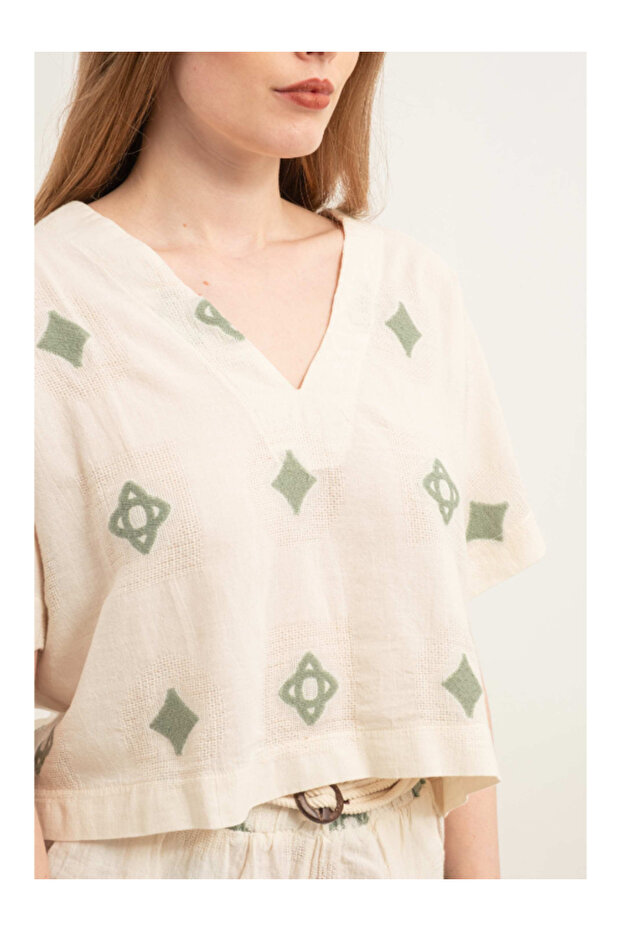 Bordered V-Neck Blouse Mint - 3