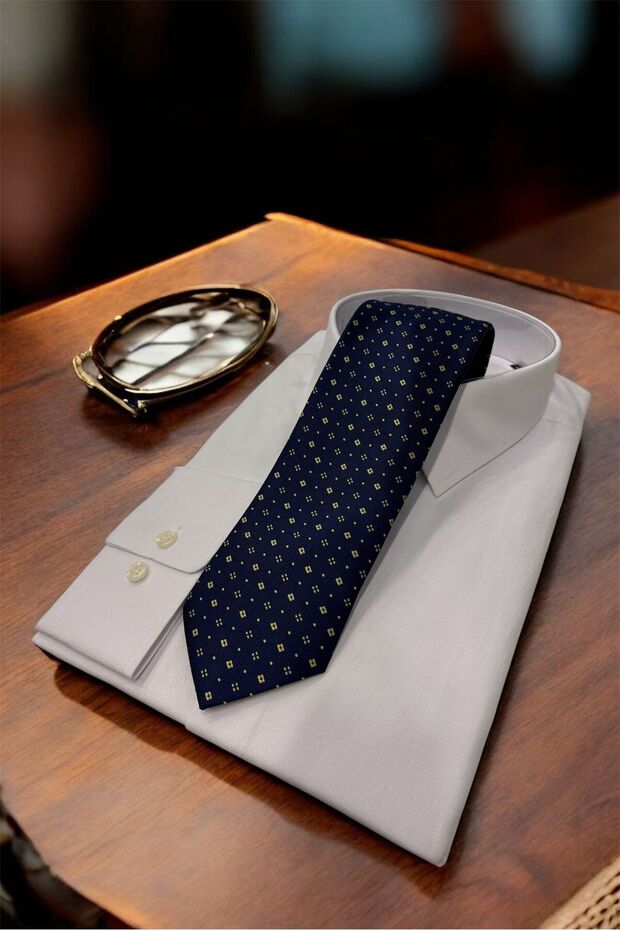 Microfiber Textured 8 cm Navy Blue Yellow Tie
