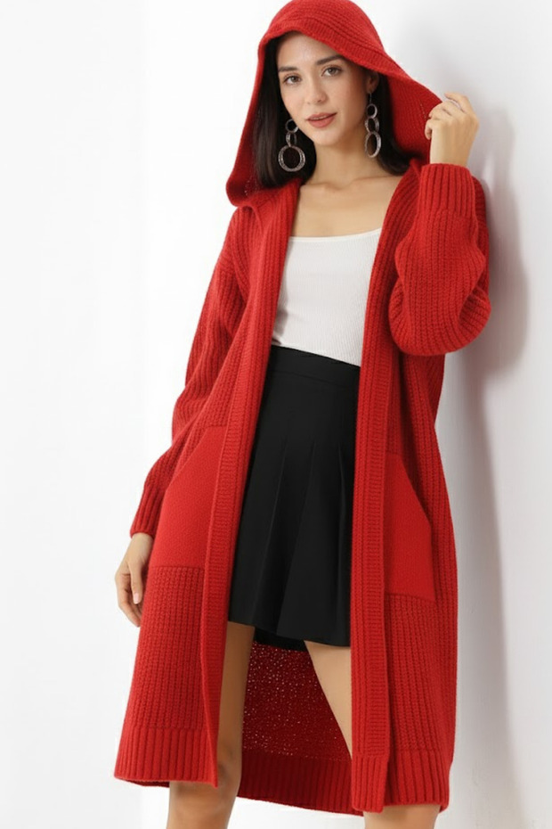 Women's Red Oversized Pocket Hooded Knitwear Cardigan