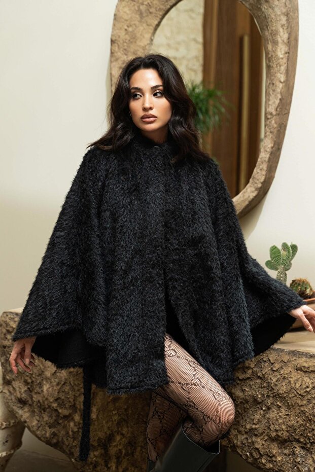 Black Single Button Belted Faux Fur Oversized Poncho