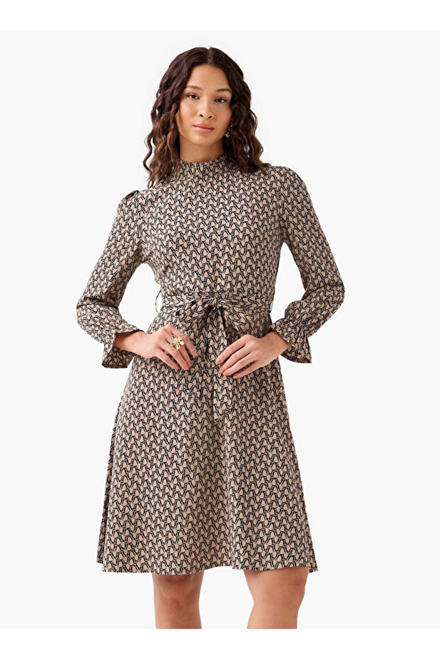 Abstract Print Mini Dress with High Neck and Tie-Up Belt