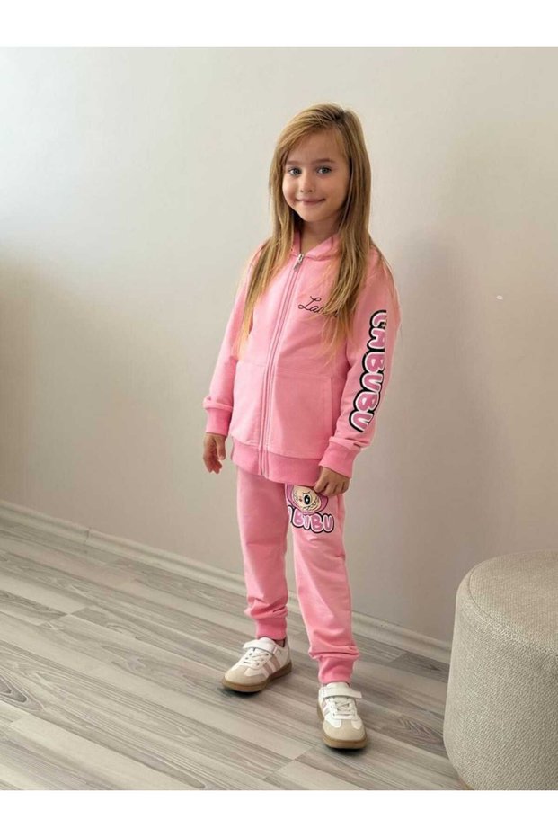 Girls' Popular Print New Season Pink Color 2 Yarn Cap Hooded Ket Tracksuit Bottom Top Set 5-14 Years