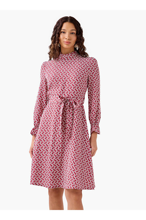 Abstract Print Mini Dress with High Neck and Tie-Up Belt