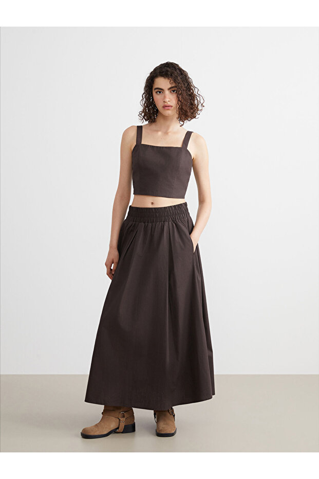 Xside Brown Elastic Waist Poplin Flared Skirt