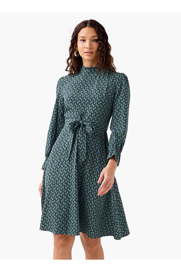 Abstract Print Mini Dress with High Neck and Tie-Up Belt