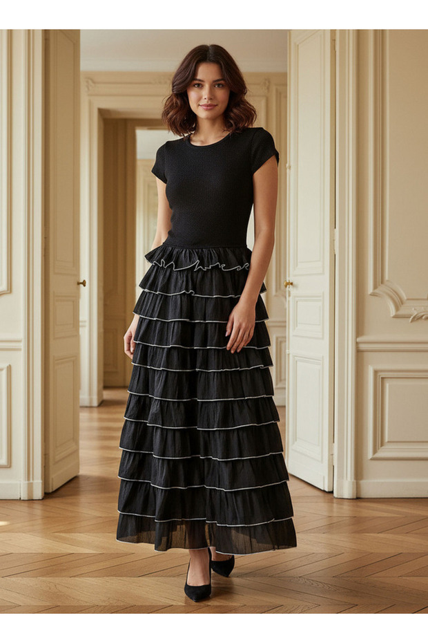 Ribbed Detail Women Dress with Ruffles