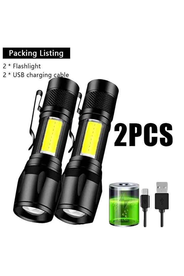 2 قطعة COB + XPE Mini LED مصباح يدوي للتخييم محمول USB قابل لإعادة الشحن مصباح خارجي قابل للتكبير والتصغير