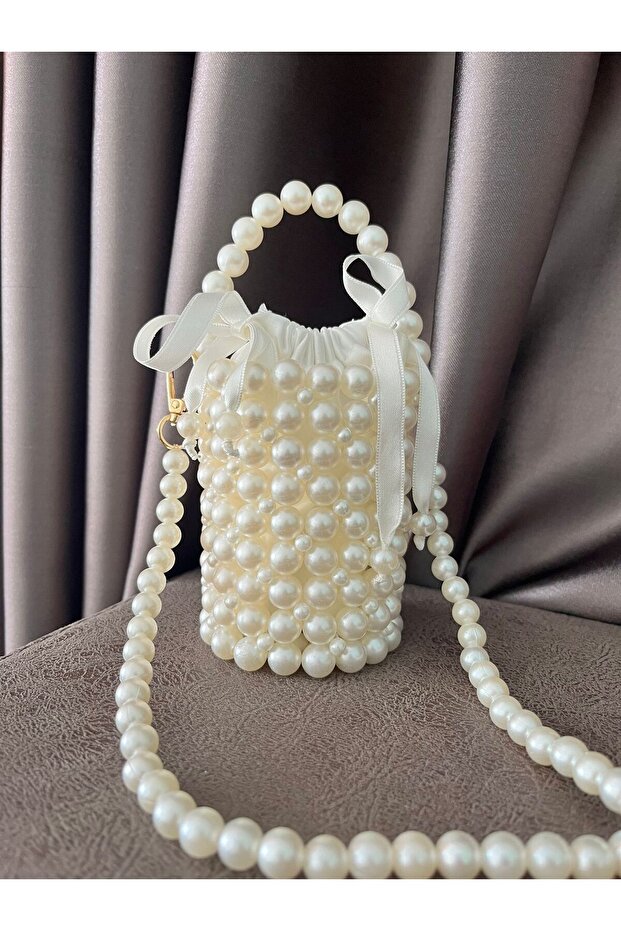 Special Design Pearl Beaded Cylinder Handmade Satin Pouch Long and Short Strap Handheld Bag