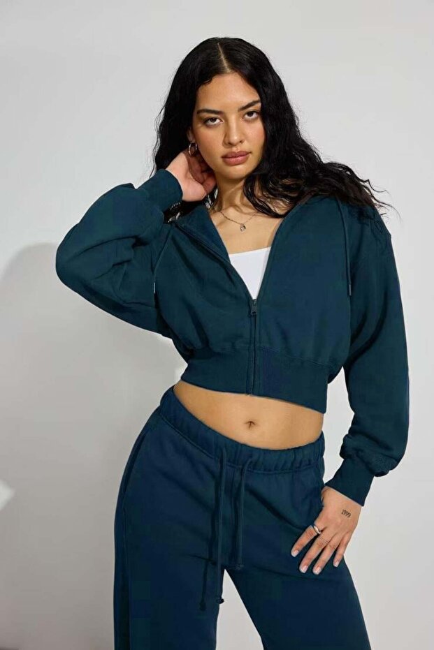 Navy Blue Crop Hooded Zippered Women's Sweatshirt Mg2608
