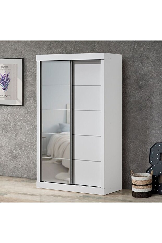 Supreme New 2-Door Compact Sliding Door Wardrobe with Mirrors - White, Engineered Wood, 4 Shelves