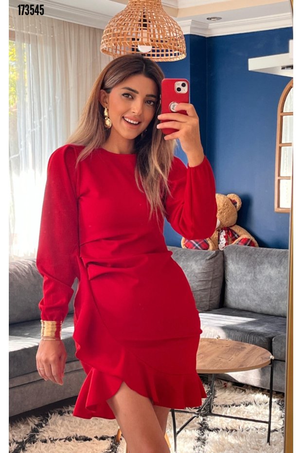 Women's Crew Neck Flounce Detailed Imported Crepe Dress – Engagement, Henna, and Invitation Stylish Dress