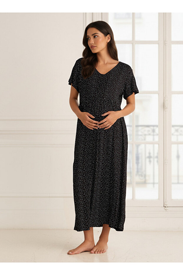 Maxi Maternity Night Dress Short Sleeves with Polka Dot Print