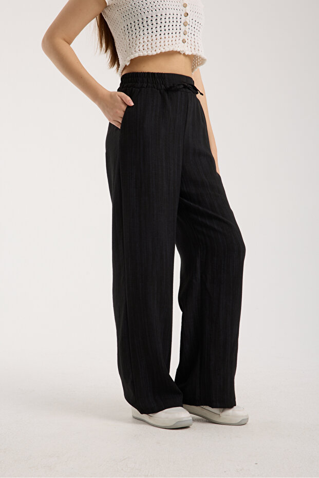 Linen Fabric High Waist Striped Elastic and String Lace-Up Waist Detailed Trousers