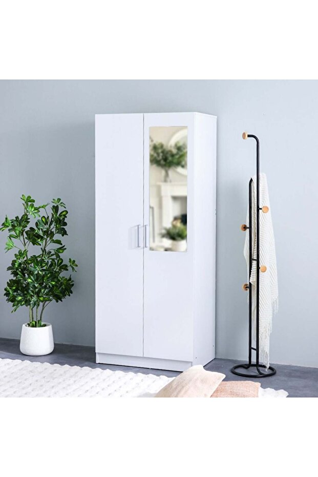 Supreme 2-Door Wardrobe with Mirror - White, Engineered Wood, 3 Shelves, 2-Year Warranty