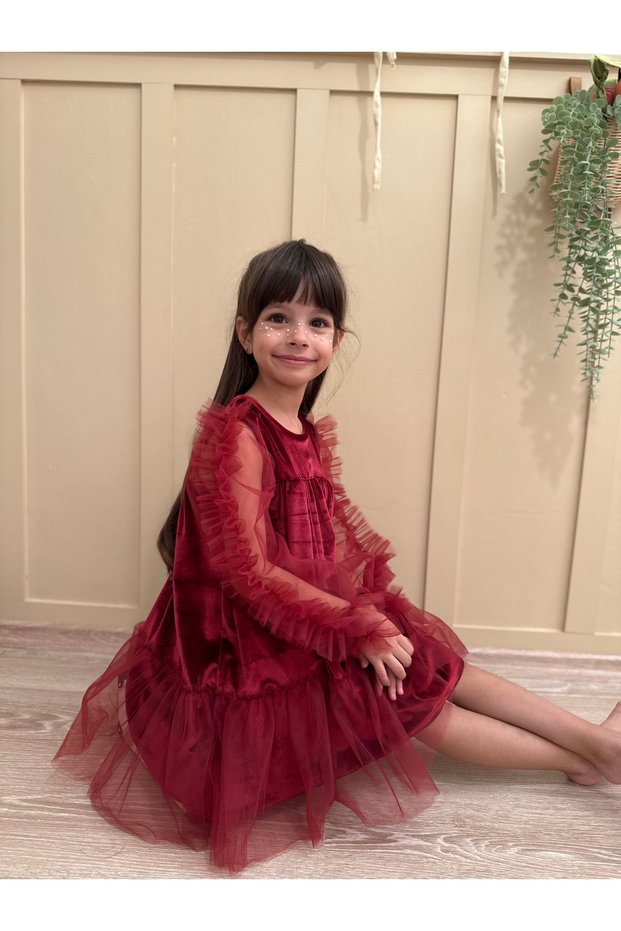 Burgundy Hem Ruffled Long Ruffle Tulle Sleeve Velvet Fabric Girls Kids Baby Girl Dress