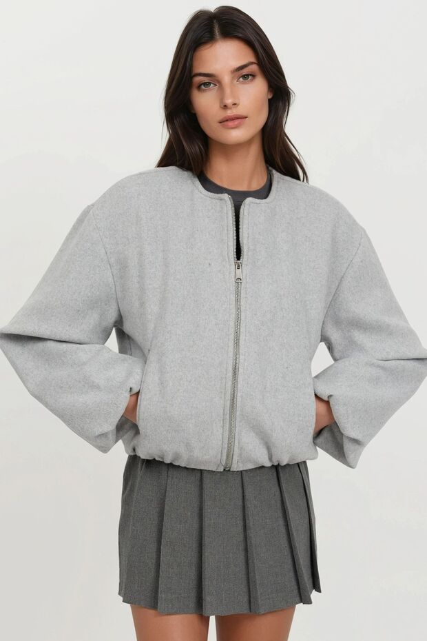 Fermuarlı Oversize Kaşe Bomber Ceket - 4