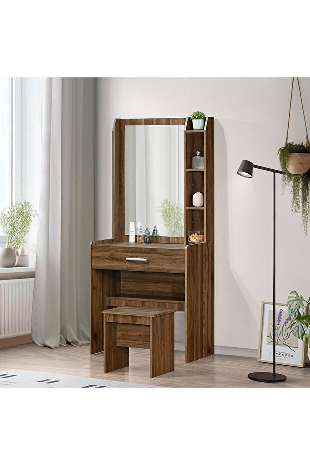 Supreme 1-Drawer Tall Dressing Table with Stool - Light Walnut, Engineered Wood, 2-Year Warranty