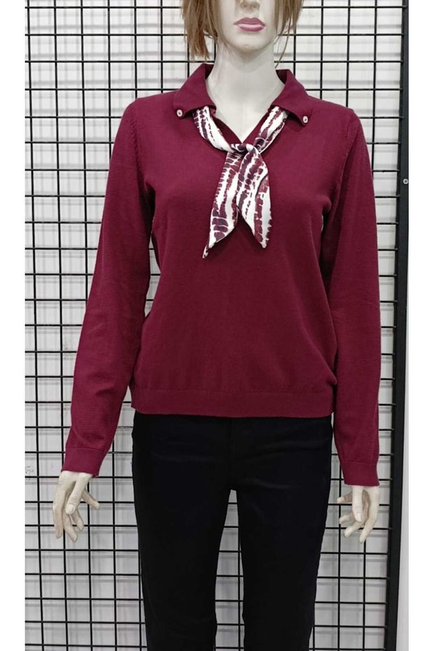 Scarf Detailed Shirt Collar Knitwear Blouse
