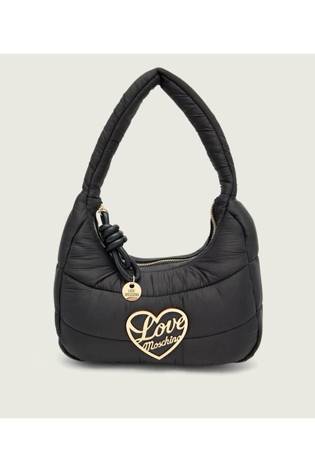 Women's Fabric Quilted Metal Buckle Zipper Closure Black Shoulder Bag