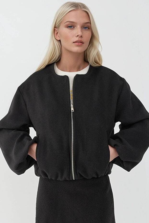 Fermuarlı Oversize Kaşe Bomber Ceket - 3