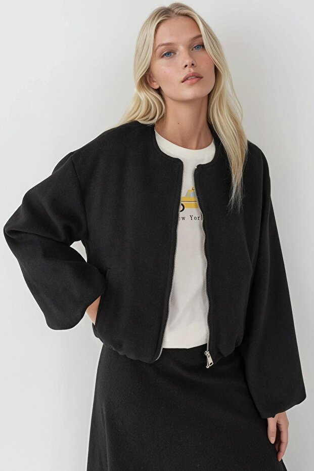 Fermuarlı Oversize Kaşe Bomber Ceket - 1