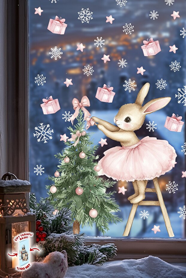 Double-Sided Cute Rabbit and Pine Tree Christmas Glass Sticker Set – 74 Pieces, Children's Room & New Year